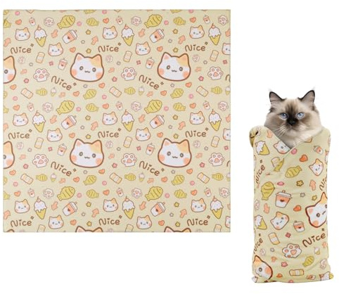 BOXOB Katzenpflegetuch, 55x55 cm Selbsthaftendes Katzen-Fesseltuch zum Krallenschneiden Weiches Katzenwickeltuch Süße Katzen-Burrito-Decke zum Beruhigen und Festhalten (Orangefarbenes Katzen-Stil)