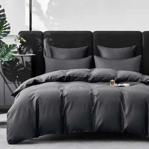 YASMENG Biancheria da letto in raso makò, 200 x 220 cm, grigio scuro, 100% cotone satinato, lucido, set copripiumino morbido e traspirante, in seta Lyocell, 3 pezzi, con chiusura lampo e 2 federe da