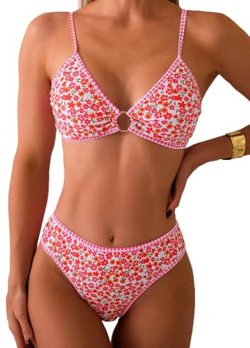 Fanuerg Women's Triangle Bikini Sets O Ring Linked Two Piece Swimsuits Floral Printed Cheeky Bathing Suit Red Floral L