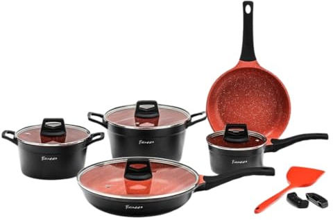 Tizianno Lot de 12 poêles antiadhésives à induction Premium, batterie de cuisine saine en aluminium 6 couches sans PFOA, revêtement granit vitrocéramique gaz