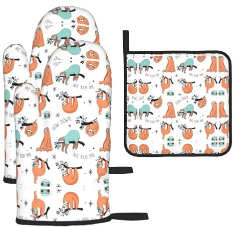 Set di guanti da cucina e presine con stampa pigra e divertente, resistenti al calore e impermeabili