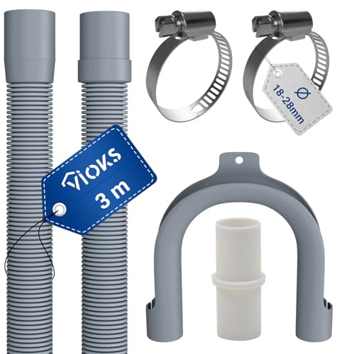 VIOKS Set Flexibler Abwasserschlauch Spülmaschine 3 Meter 19/22mmØ + 2x Klemmen Schlauchschellen Edelstahl 18-28mmØ + 1x Schlauch Verbindungsstück + 1x Haltebogen - Ablaufschlauch Waschmaschine Set