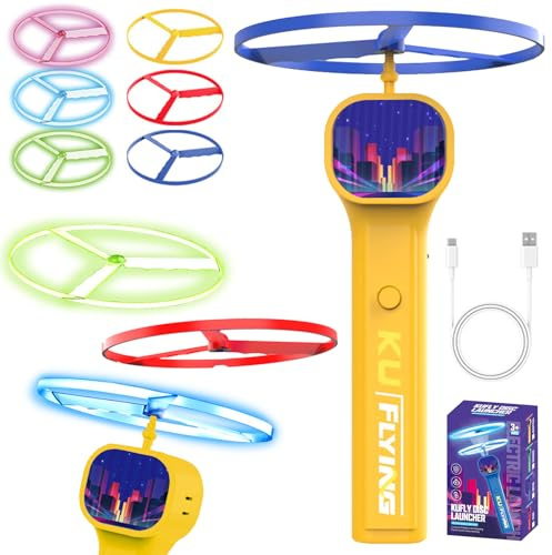 LUKIUP Elektrisch Flying disc Launcher, 3 Normale Und 3 Fluoreszierende Discs Fliegende Untertasse Launcher, Propeller Spielzeug Kinder ab 4 5 6 7 8, Outdoor Gartenspielzeug FüR Kinder (Gelb)