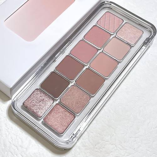 Glitter Pink Eyeshadow Palette, 12 Colors Smokey Nude Pink Eye Shadow Pallets for Women, Light Brown Eye Makeup Palette, Blendable Pressed Powder Eyeshadow Makeup Gift (Glitter)
