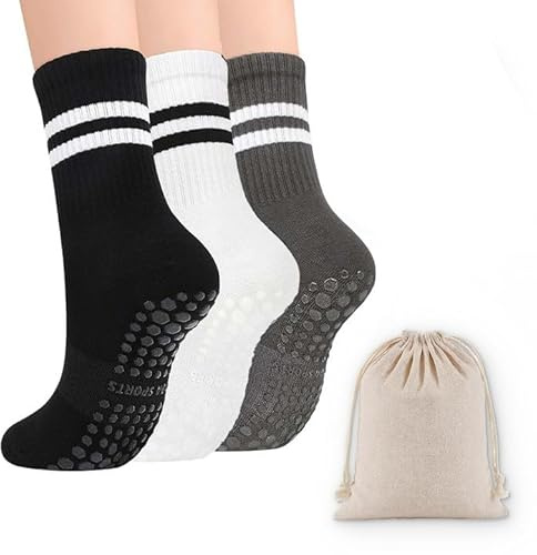JYNVO Yoga Socken Anti-Rutsch-Socken (3 Paare)+ 1 Stück Schuh-Aufbewahrungstasche - atmungsaktiv, für Damen Pilates, Yoga, Fitness