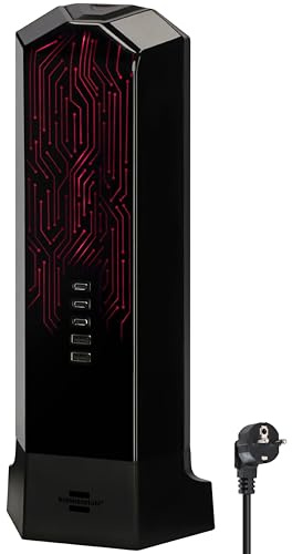 Brennenstuhl gaming grenuttag torn 9-vägs med USB och RGB-ljusstyrning (grenuttag i torndesign med överspänningsskydd, 2m kabel, 3x USB C med max. 45W PD, 2x USB A och switch)