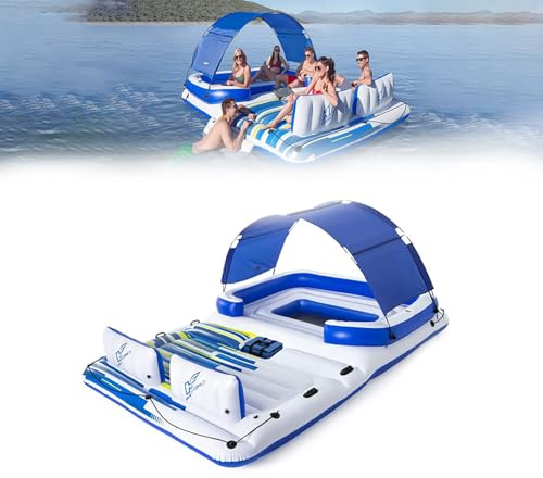 Inflatable Floating Island Raft Lounge for 6 - Large Party Water Float with Cup Holders and Backrests, Detachable Features for Ultimate Relaxation