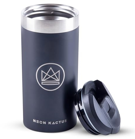 Neon Kactus 12oz Transit Travel Mug | Leakproof Thermos Flask | Dishwasher Safe | Fits Most Car Cup Holders | Stainless Steel Insulated Coffee Cup for Hot & Cold Drinks (Black)