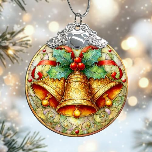 Bells - Decorazioni natalizie in vetro, nastro natalizio con agrifoglio dorato, da appendere, per albero di Natale, decorazione per la casa, per albero, finestra, camera da letto, porta, ufficio