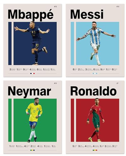 HTTDSLF 4 Stück Fußball Poster Set, Fußballstar-Poster, Fußball Plakate 8x10 Zoll Leinwanddrucke Ungerahmter Satz von 4, Wandbilder Set für Fußballfans, Ohne Rahmen