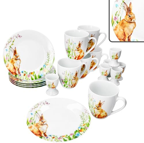 MamboCat Osterfreude - Set da 18 pezzi, 6 piatti da torta, 6 tazze da caffè da 280 ml e 6 portauovo in porcellana con coniglietti pasquali decorazione, 6 persone, per colazione e caffè