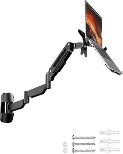 2-in-1 Laptop & Monitor Wall Mount, Extra Long Gas Spring Arm, Black | 70.7cm reach, 9cm retract. 10-17 laptops 5kg, 17-32 monitors 9kg. Gas spring, swivel/tilt/rotation. Steel