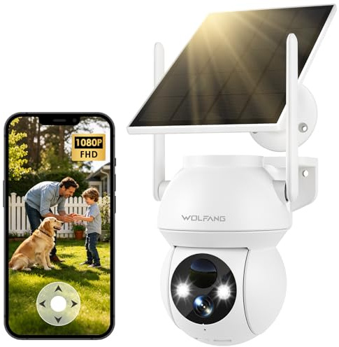 WOLFANG 1080P solsäkerhetskamera utomhus, 360° PTZ WiFi-kamera (endast 2,4 G), PIR-rörelsedetektion, mörkerseende, tvåvägsljud, IP65, fungerar med Alexa och Google Home, ingen månadsavgift