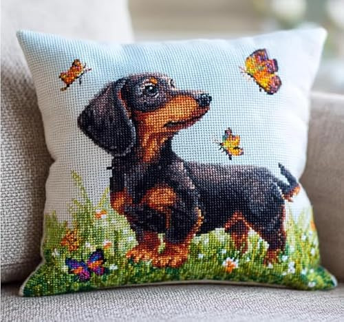 Kit de cojín de punto de cruz estampado Patrón de perro salchicha funda de cojín de punto de cruz de 11CT, que es más fácil de bordar, funda de cojín hecha a mano para decoración del hogar, 45x45 cm