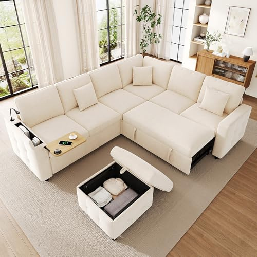 FammyLoft L‑förmiges 7-Sitzer XXL‑Ecksofa mit LED & USB/Type‑C‑Anschluss, Modulares Schlafsofa mit Klapptisch & Armlehnen‑Stauraum, Big Sofa mit Getränkehalter & 3 Kissen, 261 * 203cm, Chenille