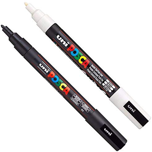 Posca PC-3M Paint Art Marker Pens - Fabric Glass Metal Pen - Set of Black + White (1 of each)