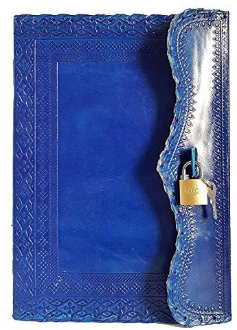 10 Leather Journal with lock Writing Pad Blank Notebook Handmade Notepad Men & Women Unlined Paper Best Present Art Sketchbook Travel Diary To Write Book Of Shadow Refillable Grimoire Blue