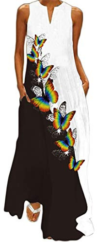 WINKEEY Vestido Maxi para Mujer Estampado Floral Mariposa Bohemio Vestido de Verano con Bolsillos Sin Mangas Talla Grande, Mariposa Multicolor 4XL