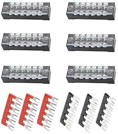 Ruidee 12pcs (6 Set) Terminal Block 6 Positions Dual Rows Covered Screw Terminal Block 600V 15A + 6Pcs 6 Positions Pre-Insulated Fork Terminal Barrier Strip Red/Black 400V 15A TB-U1506