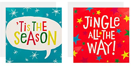 Hallmark Multipack mini julkort, paket med 30 i 5 roliga mönster, blå, röd