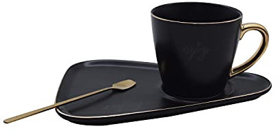 ABHOME Juego de taza y platillo con borde dorado, taza de porcelana de 8 onzas con platillo y cuchara dorada (negro)
