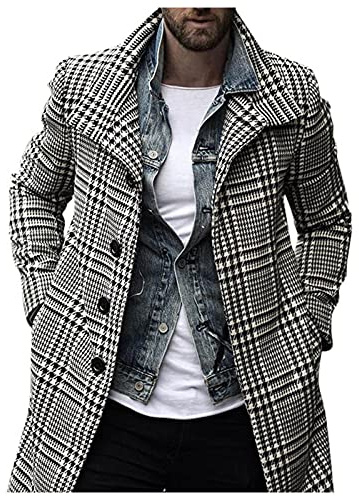 FSFA Manteau Long en Laine à Carreaux pour Hommes Élégant Col Rabattu Simple Hiver Chaud Trench-Coat Casual Veste Parka Overcoat Long Trench Coat Slim Outerwear
