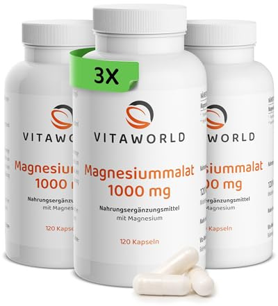 3x vitaworld Magnesium Malat Kapseln hochdosiert 1000mg, 3 Dosen | 360 vegane Kapseln, Hohe Bioverfügbarkeit, Ohne Zusätze und Gentechnik, Laktose- und glutenfrei