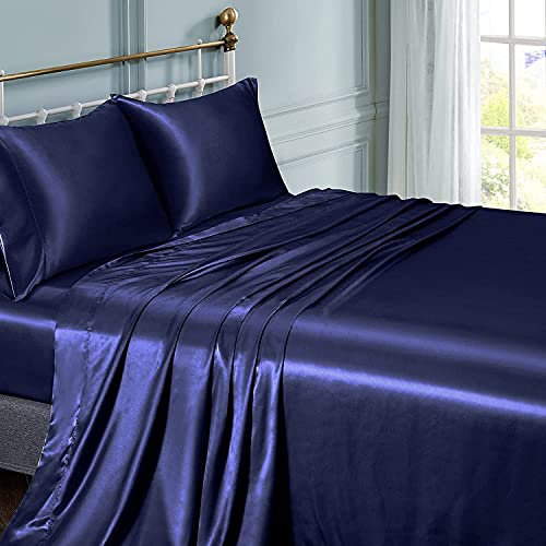 Lanqinglv Luxus Satin Spannbettlaken Bettlaken 180x200 cm bis 25-30 cm Steghöhe Boxspringbett Topper 110g/m² Glatt Seide Glanzsatin Boxspringbett Spannbetttuch Leintuch,Marineblau,1 Stück