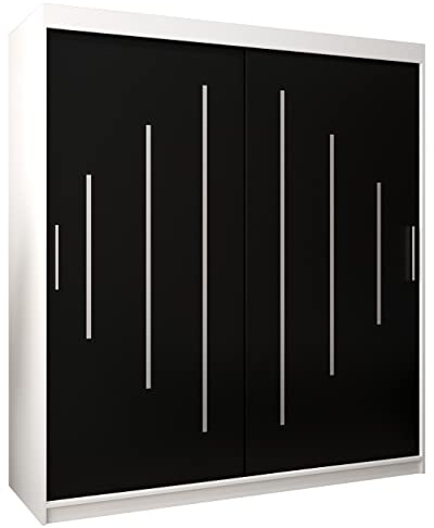 MEBLE KRYSPOL - Kleiderschrank, Schlafzimmerschrank - Schrank Zwei Türen - 4 Fächer rechts, Links, 2 Stangen, Fach - Garderobenschrank York, Körperfarbe Weiß, Frontfarbe Schwarz - 180x62x200cm