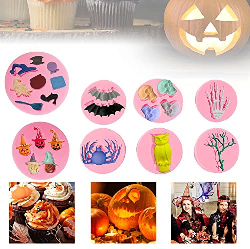 SNAGAROG 8 Stück Halloween Silikonformen 3D Fondant Silikonform Halloween DIY Backform Kürbis Schädel Spinne Fledermaus Eule Skelett Silikonform für Halloween Dekorationen DIY