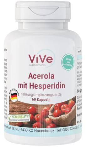 Acerola mit Hesperidin - 60 Kapseln mit Vitamin C, Grapefruitkern-Extrakt und Bitterorange-Extrakt - hochdosiert und vegan - standardisierte Extrakte | Qualität aus Deutschland von ViVe Supplements