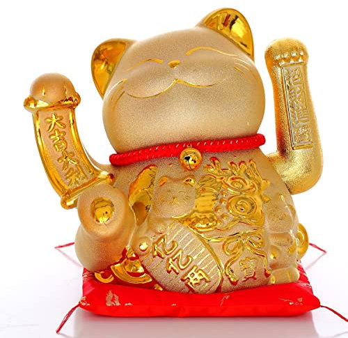 Maneki Neko Winkekatze Glückskatze Glücksbringer Winkende Katze aus Porzellan, Keramisch Statuette für Zuhause Büro und Laden Dekoration, Golden, 28cm/11inch,A