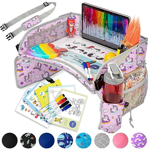 PILLANI Kids Travel Tray for Car - Car Seat Tray & Lap Desk Organizer - Black, Pink - Road Trip Essentials & Airplane Travel Activities