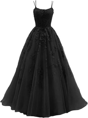 HYEC7 Women's Spaghetti Straps Tulle Prom Dresses Long Lace Appliques Ball Gown Formal Evening Party Gowns Black