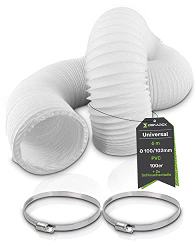 DEKAROX 6m PVC Abluftschlauch Ø100/102mm Flexschlauch Abluftrohr mit 2 Schellen Güte W2 Ø90-110mm Lüftungsschlauch für 100er Abluftsysteme wie Ablufttrockner Waschtrockner Klimaanlage Dunstabzugsaube
