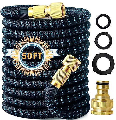 50FT Garden Hose, Retractable Garden Hose, No Kink Flexible Hose - for Garden Watering, car Washing, pet Bathing and More. (Reaching 50FT After Expansion)