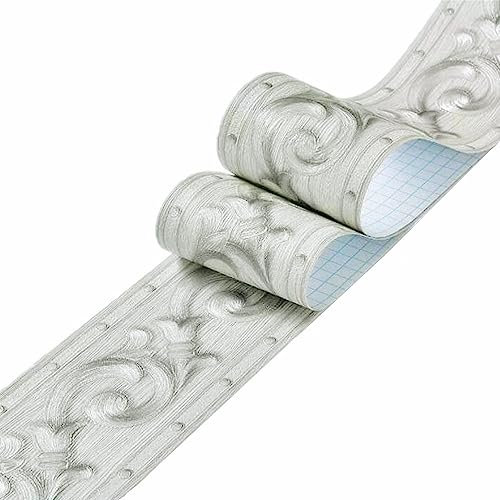 DHHOUSE 3D-Tapetenbordüre Selbstklebend, geprägte Bordüre für Decke, Badezimmer, Wohnzimmer, 10 cm x 5 m, Silber grau