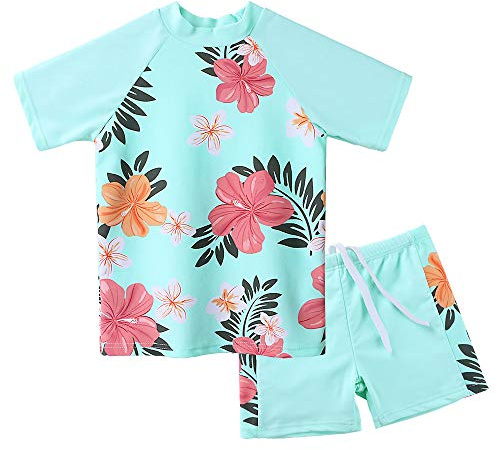 ZNYUNE Fille Maillot de Bain Imprimé 2 Pièces Haut Manches Courtes + Short Enfant Rash Guard Anti-UV Protection Solaire UPF50+