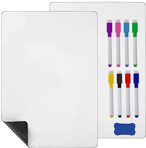 Hisredsun Dry Erase Whiteboard, A3 2 Pcs Magnetische Dry Erase Whiteboard Blatt für Kühlschrank,Kleiner Magnet Kühlschrank Message Boards mit 8 Stifte, 2 Radiergummi,Reminder Aufkleber,Monatsplaner