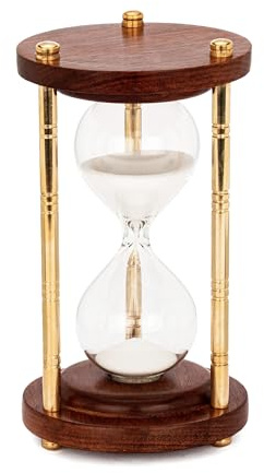 NKlaus nautische Sanduhr Messing und Echtholz, 15min, 15x8cm, 1 Stück | Stundenglas mit drei Säulen, braun-gelb, Gewicht 300g