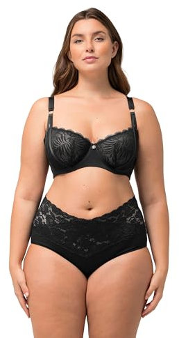 Ulla Popken Damen Bügel, Spitze, Mesh, Geteilte Träger, Cup C-E BH, Schwarz, 105C
