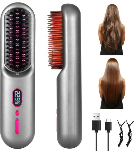 Nuision Cordless Hair Straightener Brush, Portable Hair Straightener Brush for Women,Hair Straightening Brush for Travel,Fast Heating,11 Temperature Settings,USB Rechargeable Negative Ion Comb (Grey)