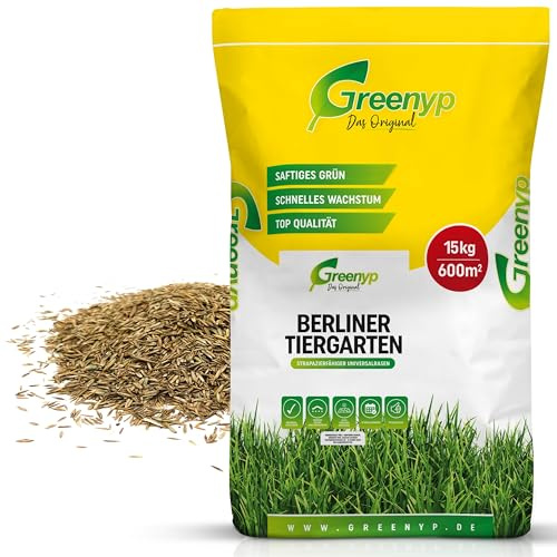 15kg Rasensamen Berliner Tiergarten I Rasensamen schnellkeimend für 600m² I robuster Universalrasen Zierrasen Rasen Nachsaat I Greenyp Grassamen Rasensaat Gras - ideal als Neu- und Nachsaat.