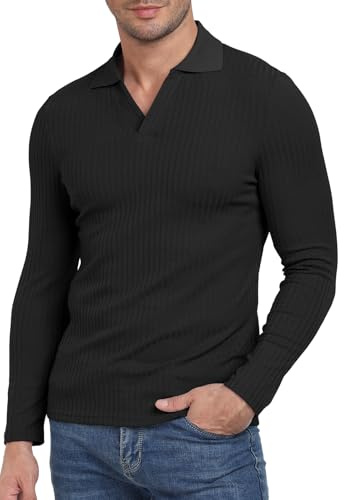 AIYINO Long Sleeve t Shirt Mens Muscle Fit V Neck Knit Polo Top Black 2XL