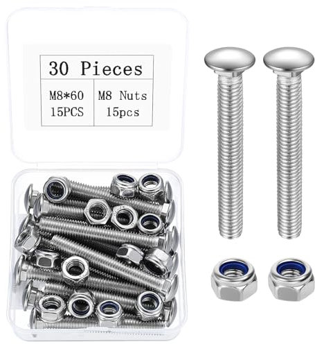 M8 Coach Bolts, 30 Pcs Cup Square Carriage Bolts and Nuts Set, M8 x 60mm Long Coach Screws with Hex Nuts, Carbon Steel