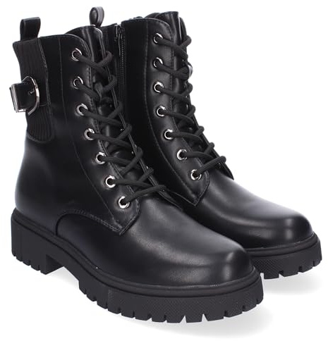 86689 Botines de Tacon para Mujer, Comodos y Elegantes, Detalle de Hebilla, con Suela Dentada, Punta Redonda, Cierre de Cordones y Cremallera Lateral, Ideales para Otono-Invierno. Negro Talla 40