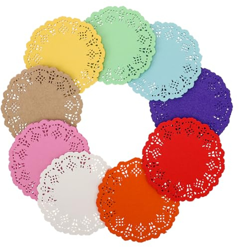 JJUNW 180 centrini rotondi di carta colorati in pizzo da 8,9 cm, mini centrini di carta assortiti, piccoli centrini di carta rotondi per tavoli, artigianato, feste di nozze e decorazioni per la tavola