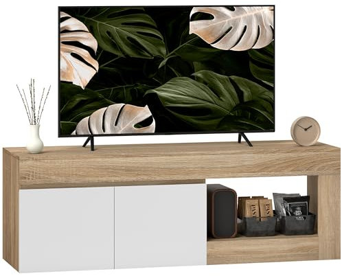 HOMCOM Mueble de TV Mesa de TV con 2 Puertas Estante Abierto Mueble de TV para Salón para Televisores de 60 Pulgadas 140x40x48 cm Blanco y Natural