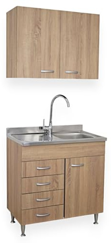 Yellowshop - Mobile cucina sottolavello a 1 anta e cassettiera cm 80 effetto legno rovere well componibile con lavello inox e scolapiatti Basic (Sottolavello completo cass. Sx)