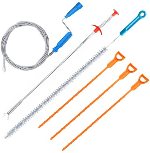 Drain Snake Toilet Unblocker Tool - 3M Sink Drain Plumbing Unblocker Wire, 50CM Drain Snake, 60CM Toilet Auger Hair Clog Remover with Claw, 70CM Sink Cleaning Brush, 6PCS (Orange)